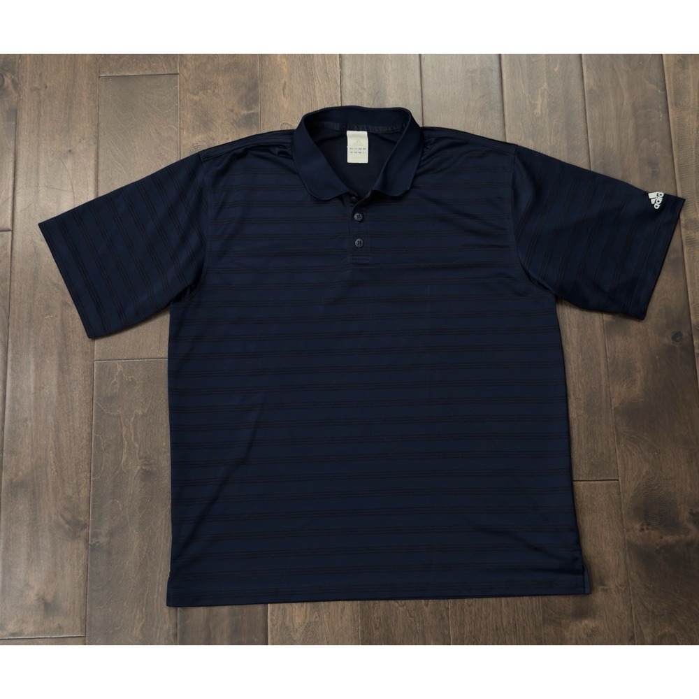 Adidas Polo Climalite Shirt Mens‎ Size L Navy Blue Short Sleeve Striped Logo